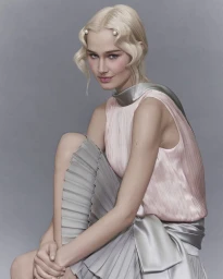 Model with blonde finger-waved hair and pearl hairpins wearing a pink pleated top against a grey studio backdrop