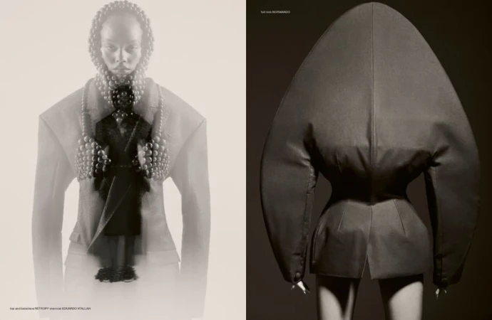 Monochromatic fashion editorial featuring an adult female model wearing a beaded hood and avant-garde blazer, showcasing unique couture.
