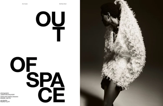 Fashion editorial shot of a Black woman in a feather-like coat against a gradient background, with bold 'OUT OF SPACE' text.