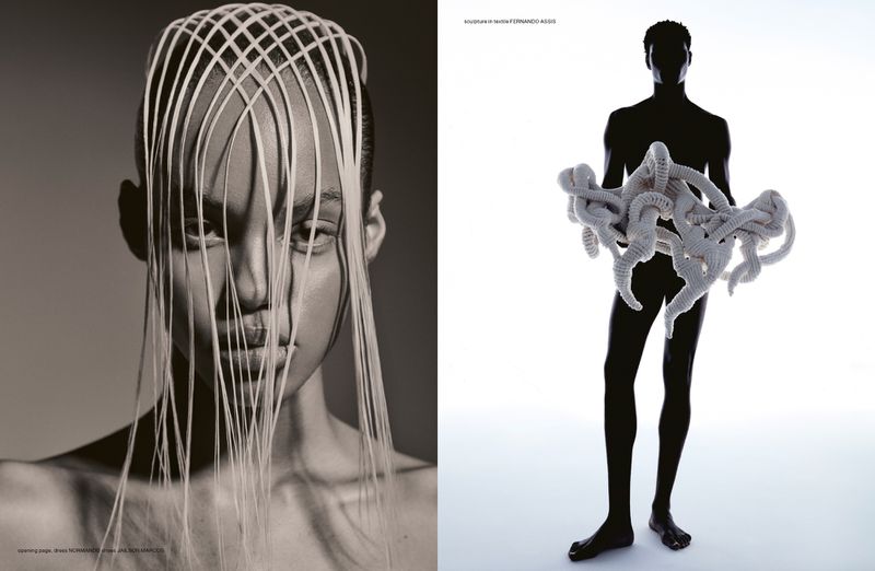 Editorial fashion shot featuring a woman with white strands in her hair and a silhouette of a man holding a coiled rope on white.