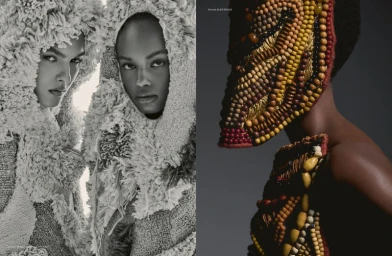 Three models wearing textured wool hoods and ornate beaded garments in a studio fashion editorial for Numero Switzerland.