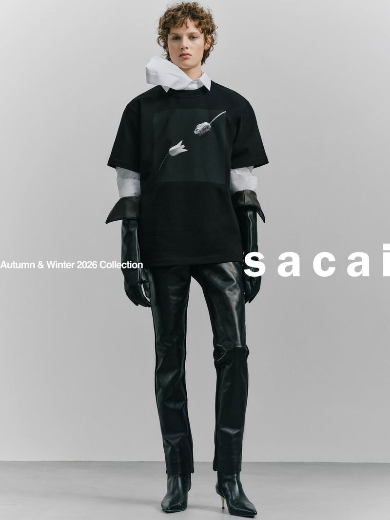 Fashion shot: a slender model in a black tee, glossy black pants, and heels, poses against a gray backdrop with 'sacai' typography.
