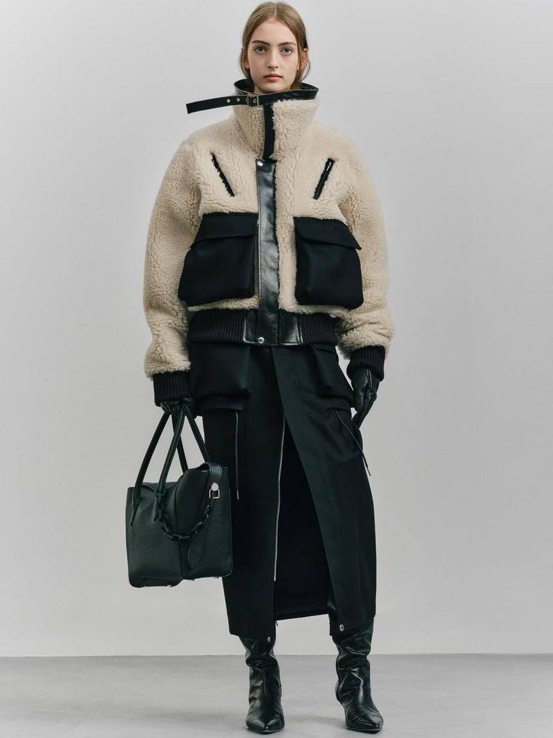 Model wearing a cream fleece jacket with black pockets and dark skirt holding a black handbag against a grey background