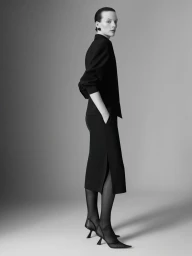Model Sara Blomqvist wearing a black blouse and skirt against a grey background for Giada SS26 Pre Collection