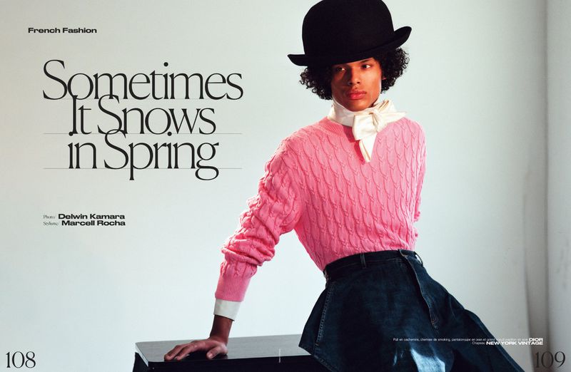 A person poses in a pink sweater, black bowler hat, and denim skirt against a white backdrop, with bold text and page numbers surrounding them.