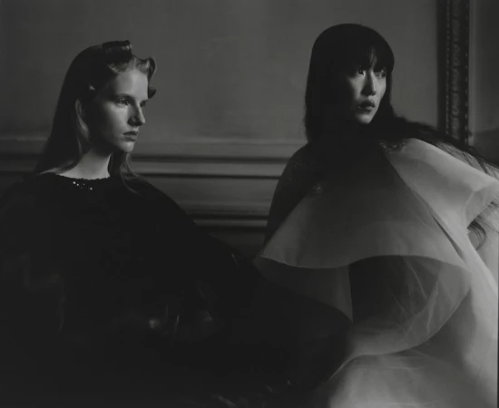 Monochrome studio portrait of two women with dark hair in elegant draped gowns against a neutral background with classic trim.
