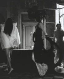 Monochrome fashion editorial featuring four models in motion inside an interior room with high ceilings.