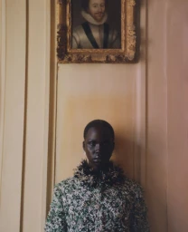 Model wearing a textured patterned jacket with feathered collar posing beneath a framed portrait inside a room