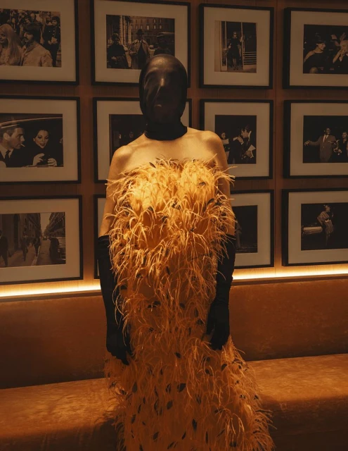 Adult female in an ostrich feather gown and gloves poses in front of framed images in an indoor setting with warm lighting and muted colors.