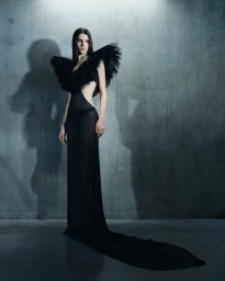 Model wearing a black feathered evening gown with a long train against a textured concrete wall.