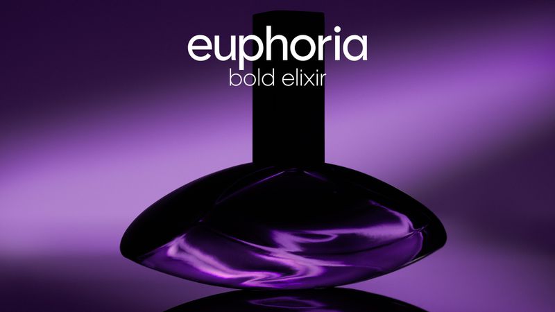 Euphoria Bold Elixir perfume bottle on a reflective surface with a purple gradient background, studio shot for beauty or fragrance.