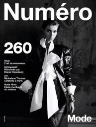 Model Luna Bijl wearing a black leather jacket and white bow blouse for Numéro France magazine cover