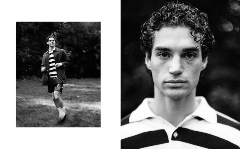 Black and white fashion shot of a young adult man in shorts and striped shirt running in a field and a close up portrait.