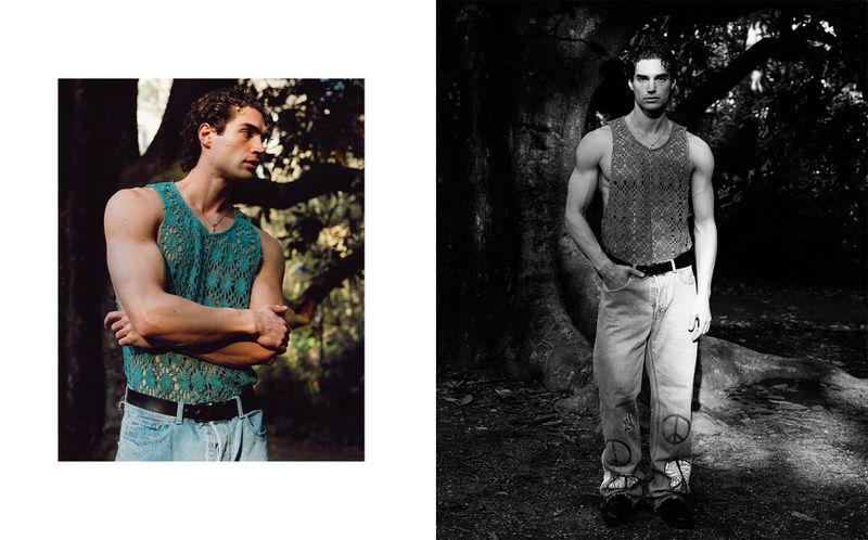 Two images side-by-side. A muscular man in a turquoise crochet tank top poses in an outdoor setting with trees. The second image is in black and white.