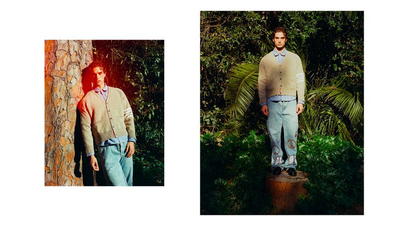 A young adult male poses in a cardigan and jeans, against a green, leafy, outdoor background, in a medium shot split image.