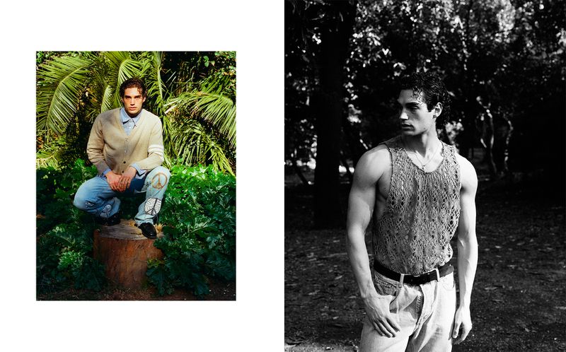 Two images show adult males in outdoor settings. The left features a man squatting among lush greenery, while the right is a black-and-white portrait.