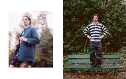 Two-panel fashion editorial image showing a man in a blue quilted jacket and a man in a striped polo shirt standing on a park bench