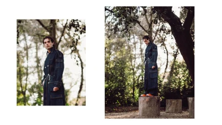 A young man in a dark denim utility coat standing outdoors near tall trees in a diptych layout.