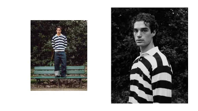 Man wearing a striped rugby shirt standing on a park bench in a diptych format for Positive Magazine