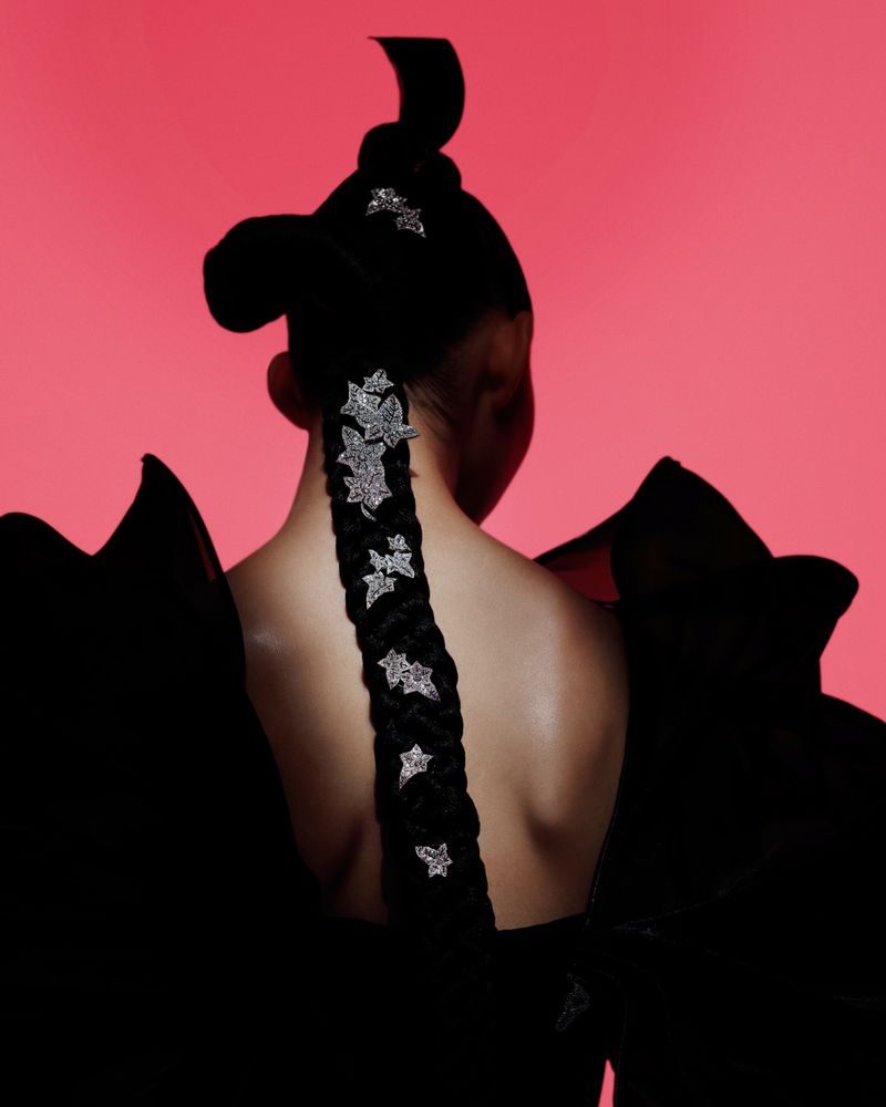 Model with black braided hair decorated with silver stars posing against a pink background wearing a ruffled black dress.