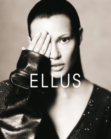 Monochrome portrait of a woman with her hand covering one eye, wearing a v-neck top and jacket, and the word 'ELLUS' overlaid.