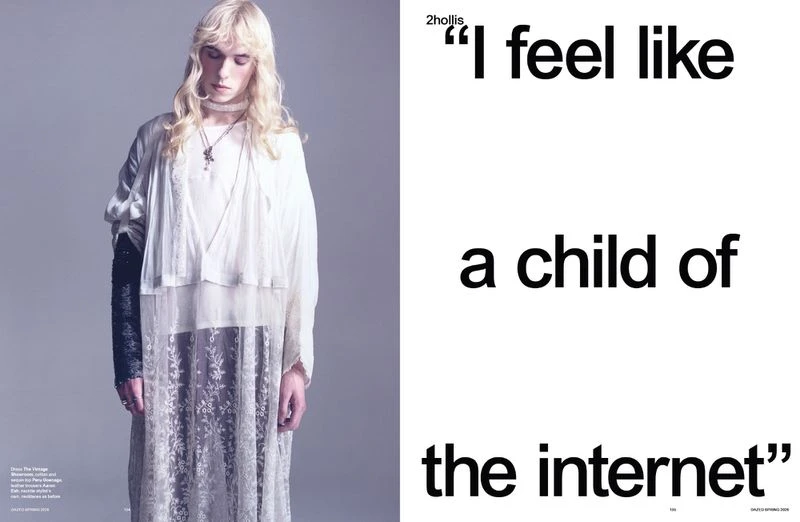 A person in white lace dress, light hair, poses in a fashion editorial image with text on right side, neutral background, studio lighting.