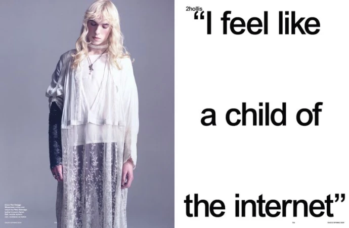 A person in white lace dress, light hair, poses in a fashion editorial image with text on right side, neutral background, studio lighting.