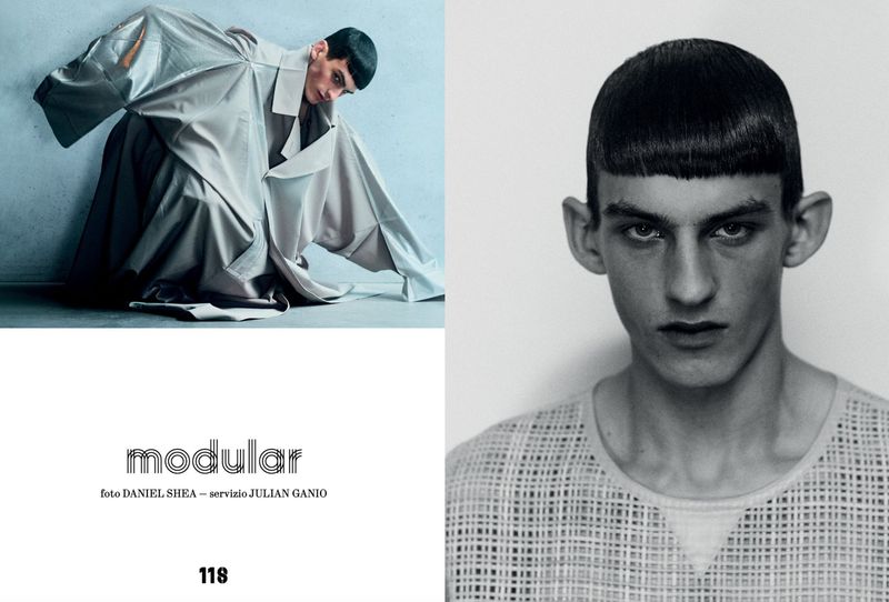 Fashion editorial: Male model poses in oversized coat with an intense expression, split with a close-up portrait in gray scale.