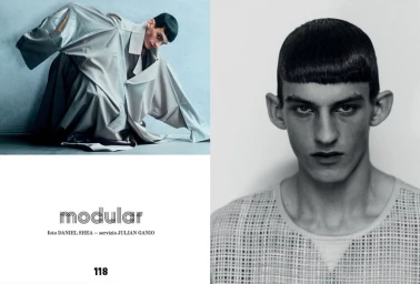 Editorial layout featuring a male model wearing an oversized sculptural grey coat and a portrait shot
