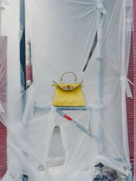 Bright yellow handbag resting on scaffolding covered by torn translucent plastic sheeting