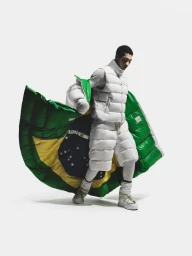 Model wearing white puffer vest and shorts, wrapped in a large green, yellow, and blue flag against a plain white background