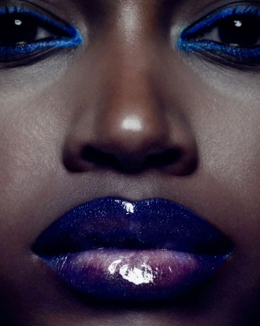 Close-up of a woman's face with dark skin, wearing blue eyeshadow and dark purple lipstick with a glossy finish in soft lighting.