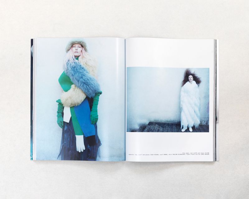 Magazine spread featuring two fashion portraits: one of a blonde woman in colorful layers, and another of a brunette in white against a white backdrop.
