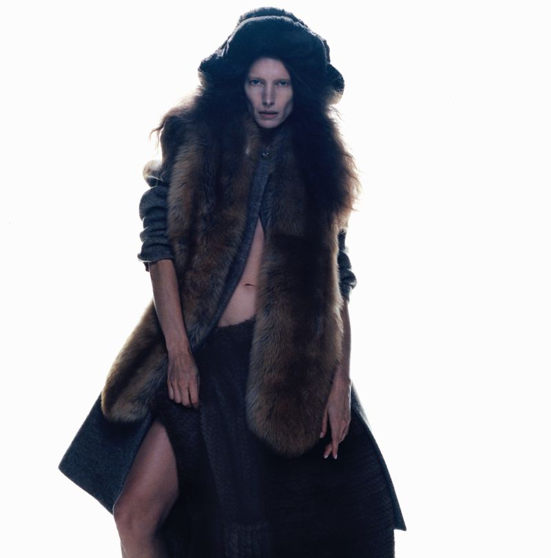 Model Jessica Miller wearing furry winter hat and coat in We All Go Down Together for The Face Magazine.