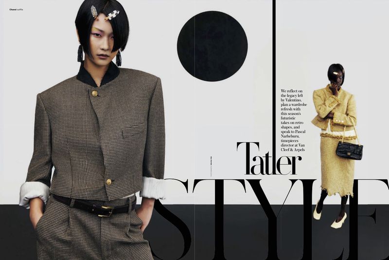 Editorial fashion shot of an Asian woman in a brown houndstooth jacket, alongside a Black woman in a Chanel skirt suit, "Tatler" text.