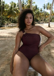 Model seated on a white chair wearing a dark one-shoulder swimsuit on a sandy beach with palm trees.