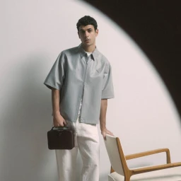 Model wearing a grey short-sleeve shirt and white trousers holding a brown leather handbag, standing beside a wooden chair.