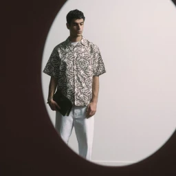Model in printed short-sleeve shirt and white trousers holding a dark pouch viewed through a circular aperture