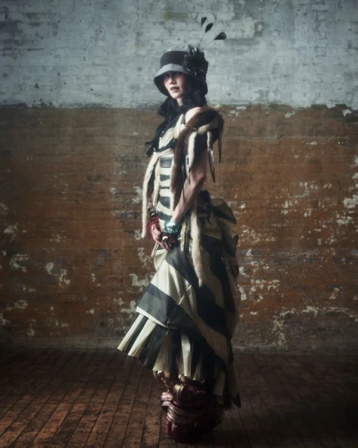 Fashion portrait of a woman in striped couture dress, hat, and dark feather accessories against a distressed brick wall and wood floor.