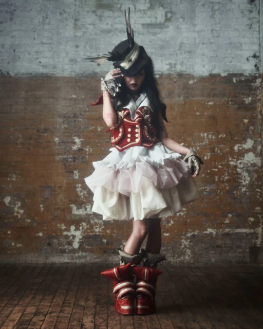 Woman in theatrical costume and elaborate headdress poses against a distressed brick wall with aged wooden flooring in a studio setting.