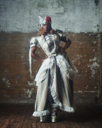 Model standing in a textured gown with ruffles, stripes, and a floral headpiece against a weathered, two-toned brick wall.