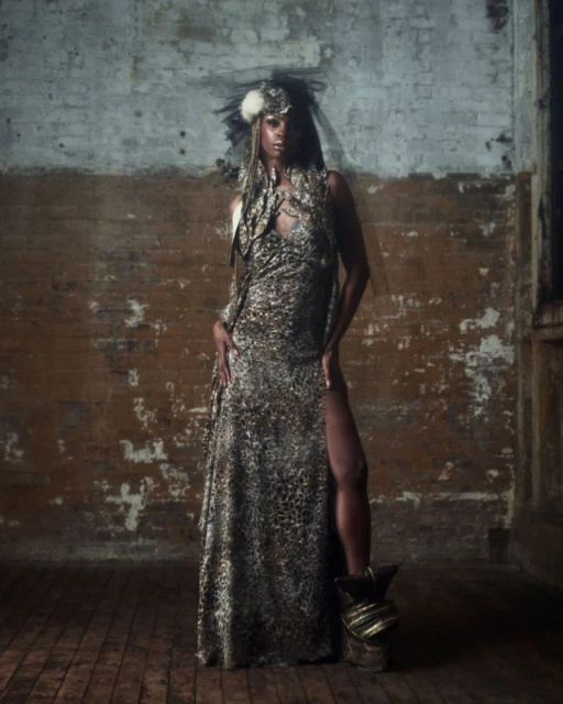 A slender woman with dark skin poses in a floor-length animal-print gown, accented by a feathered headpiece, against a distressed wall.