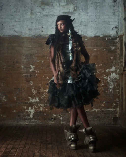 A striking full shot of a single female model in a black couture-style dress with layered tulle, accessorized with headdress and metallic boots, against a weathered brick wall.