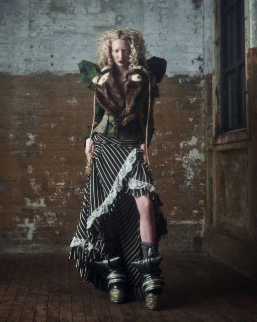 A fair-skinned, curly-haired woman in an avant-garde outfit stands in a distressed interior wearing a brown fur-collared jacket and striped skirt.