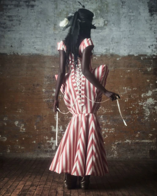 Back view of a slender African-American female model posing indoors, wearing a striped dress, corset, and black headpiece with flowers.