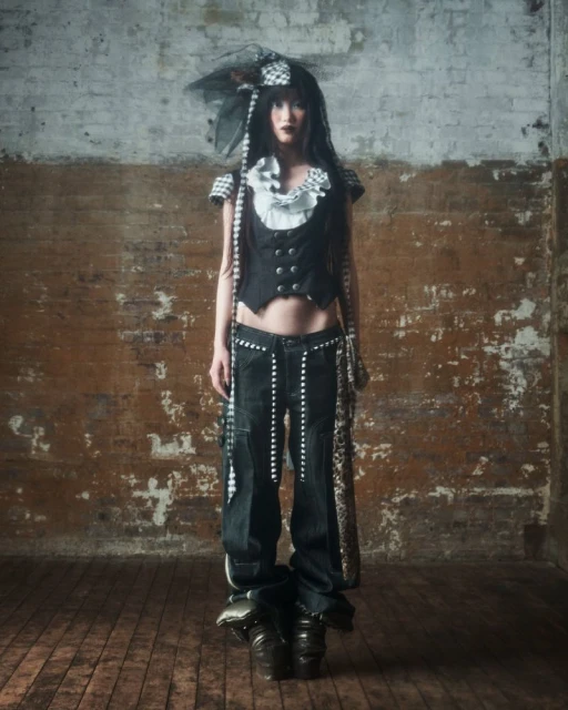 A woman in alternative fashion stands against a brick wall, wearing a black vest, checkered headpiece, denim pants, and platform boots.