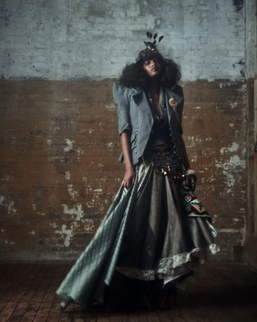 A woman with an afro poses in a gray jacket and long skirt in a photo studio with a distressed brick wall and wood floor.
