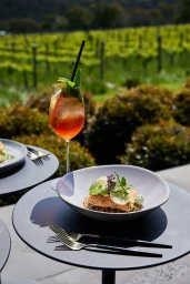 Cocktail in a wine glass and a salmon dish on grey plates on outdoor tables against a vineyard background.
