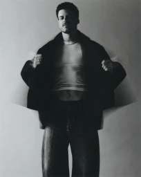 Man wearing a dark coat and light t-shirt with motion blur effect against a plain background