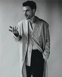 Monochrome portrait of a man in a striped coat gesturing against a plain studio background for Elle Canada